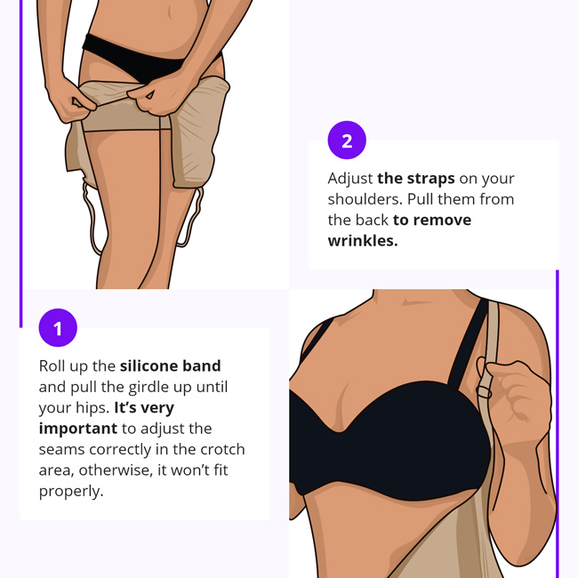 Steps 1 and 2 of how to put on a shapewear